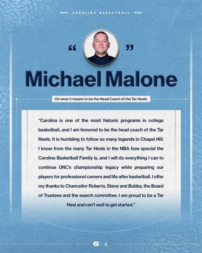 迈克尔-马龙正式出任北卡男篮主帅 铸就新传奇